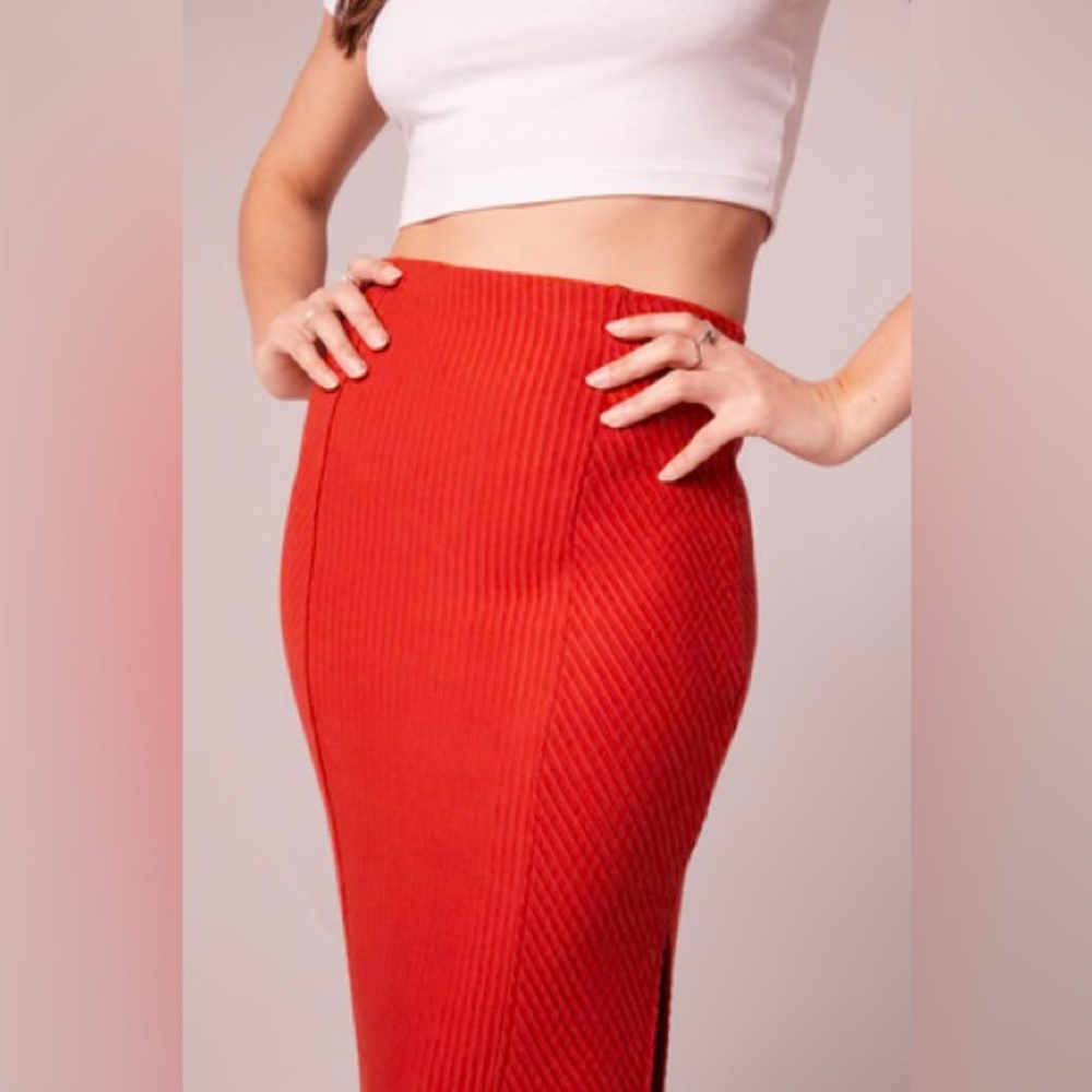 NWT Band Of The Free RENEE RUST RIBBED PENCIL SKIRT Bohemian Side Slit MIDI